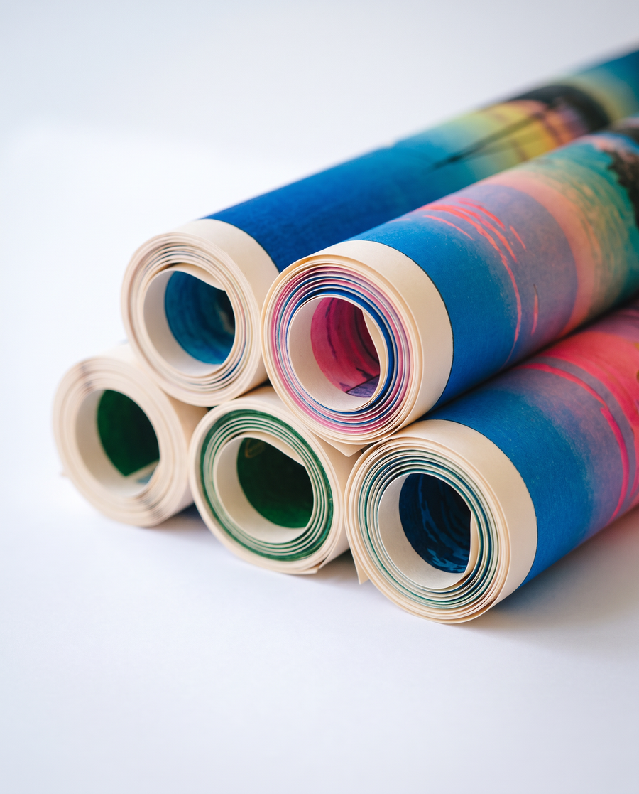 Rolled fine art posters seen from the end, colourful edges