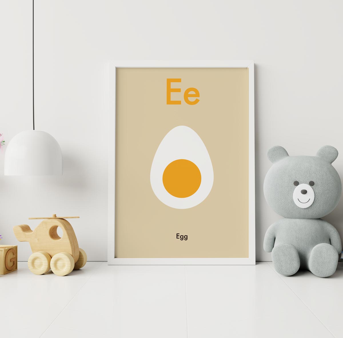 E pour œuf - Affiche de l'alphabet pour enfants en anglais - Kuriosis