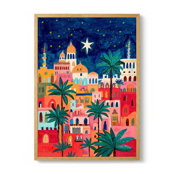 Oriental city under a starry sky in bright colours door Caroline Bonne Müller
