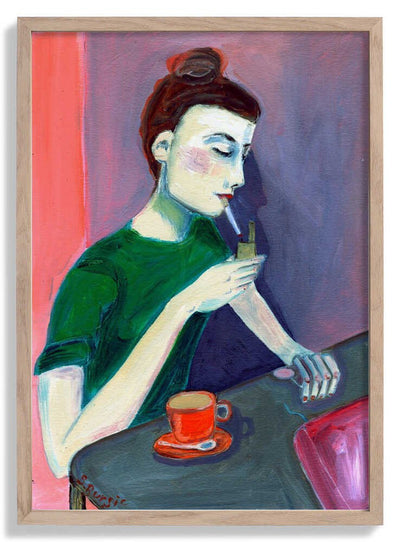 Lady lighting cigarette door Sharyn Bursic