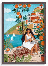 Travel poster woman in Mediterranean coast by Caroline Bonne Müller - Kuriosis Fine Art GmbH