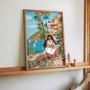 Travel poster woman in Mediterranean coast by Caroline Bonne Müller - Kuriosis Fine Art GmbH