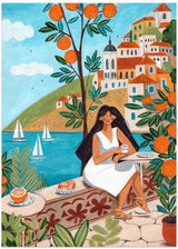 Travel poster woman in Mediterranean coast by Caroline Bonne Müller - Kuriosis Fine Art GmbH
