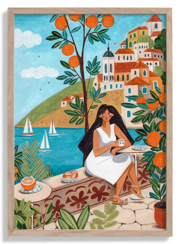 Travel poster woman in Mediterranean coast von Caroline Bonne Müller
