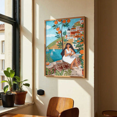 Travel poster woman in Mediterranean coast by Caroline Bonne Müller - Kuriosis Fine Art GmbH