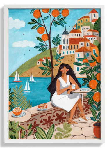 Travel poster woman in Mediterranean coast by Caroline Bonne Müller - Kuriosis Fine Art GmbH