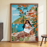 Travel poster woman in Mediterranean coast by Caroline Bonne Müller - Kuriosis Fine Art GmbH