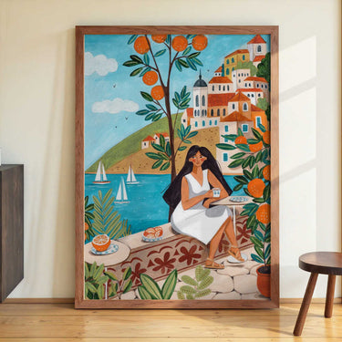 Travel poster woman in Mediterranean coast by Caroline Bonne Müller - Kuriosis Fine Art GmbH