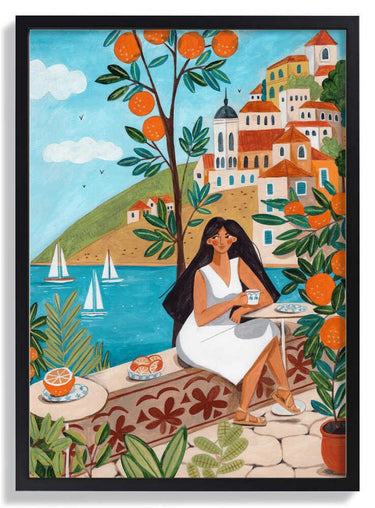 Travel poster woman in Mediterranean coast by Caroline Bonne Müller - Kuriosis Fine Art GmbH