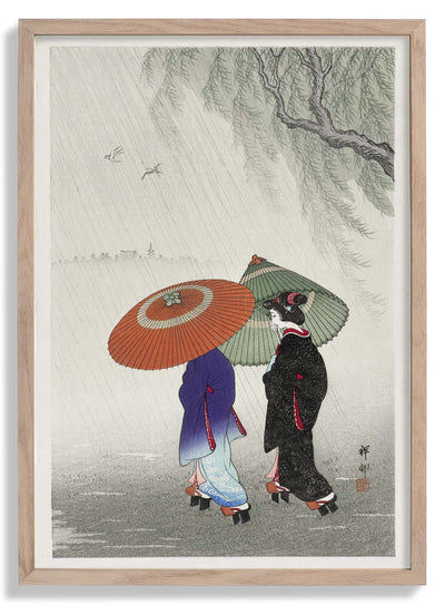 Two Women in the Rain by Ohara Koson