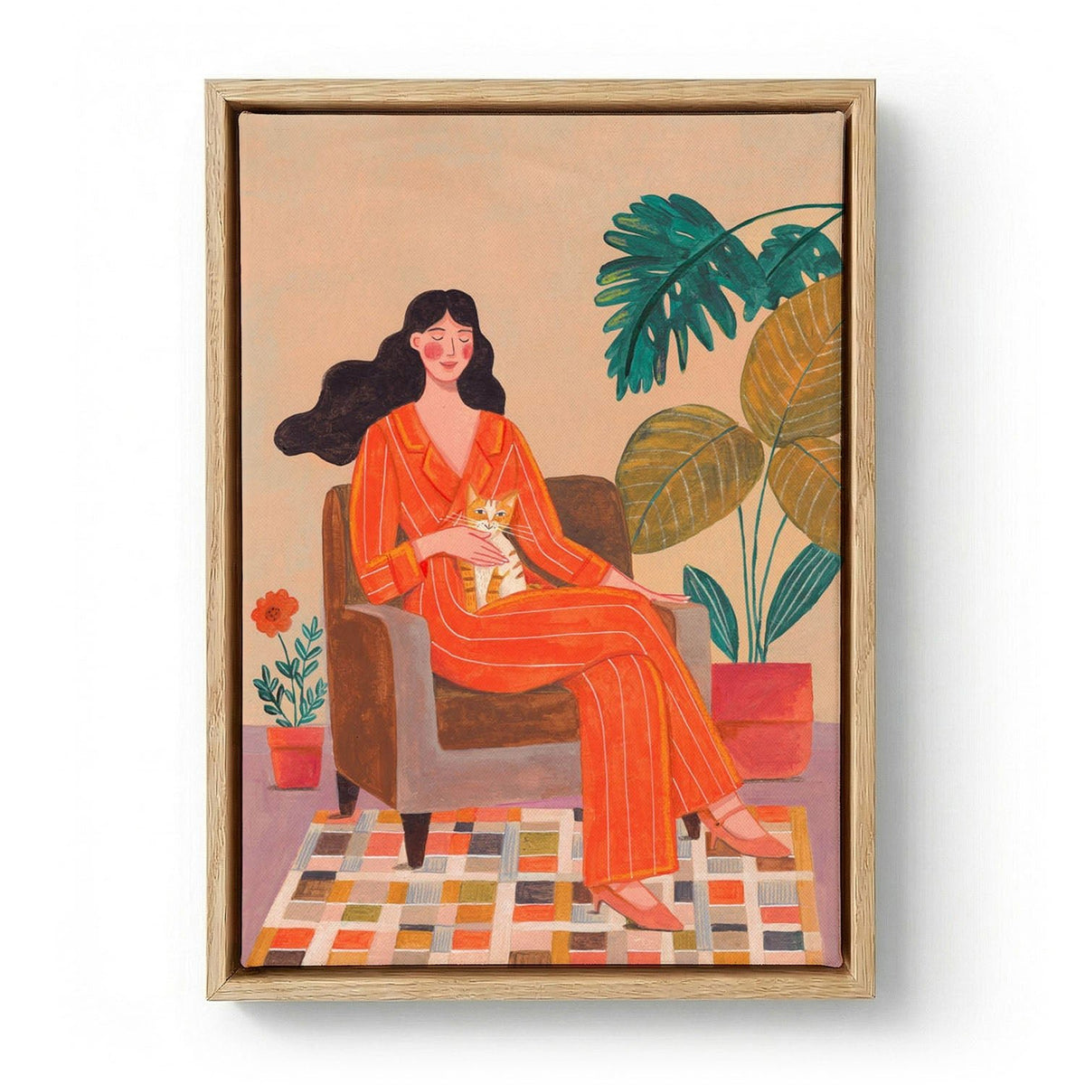 Woman with cat in living room with warm earth tones by Caroline Bonne Müller - S - 30 x 40cm