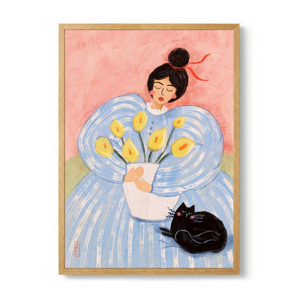 Woman With Flowers And Cat by Dirkie Nell